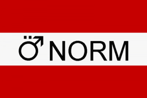 Österreichische Flagge mit dem Schriftzug ÖNORN, wobei das Ö das Symbol für Männer ist